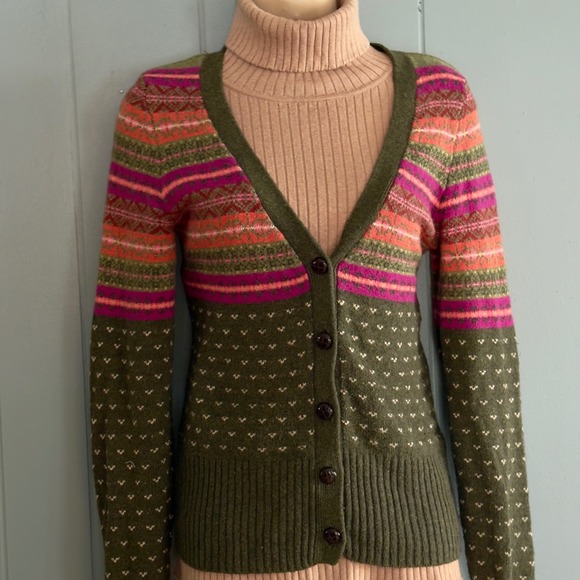 Cardigan sweater Fair Isle olive pink knit button front H&M LOGG small fall cozy - Picture 1 of 9